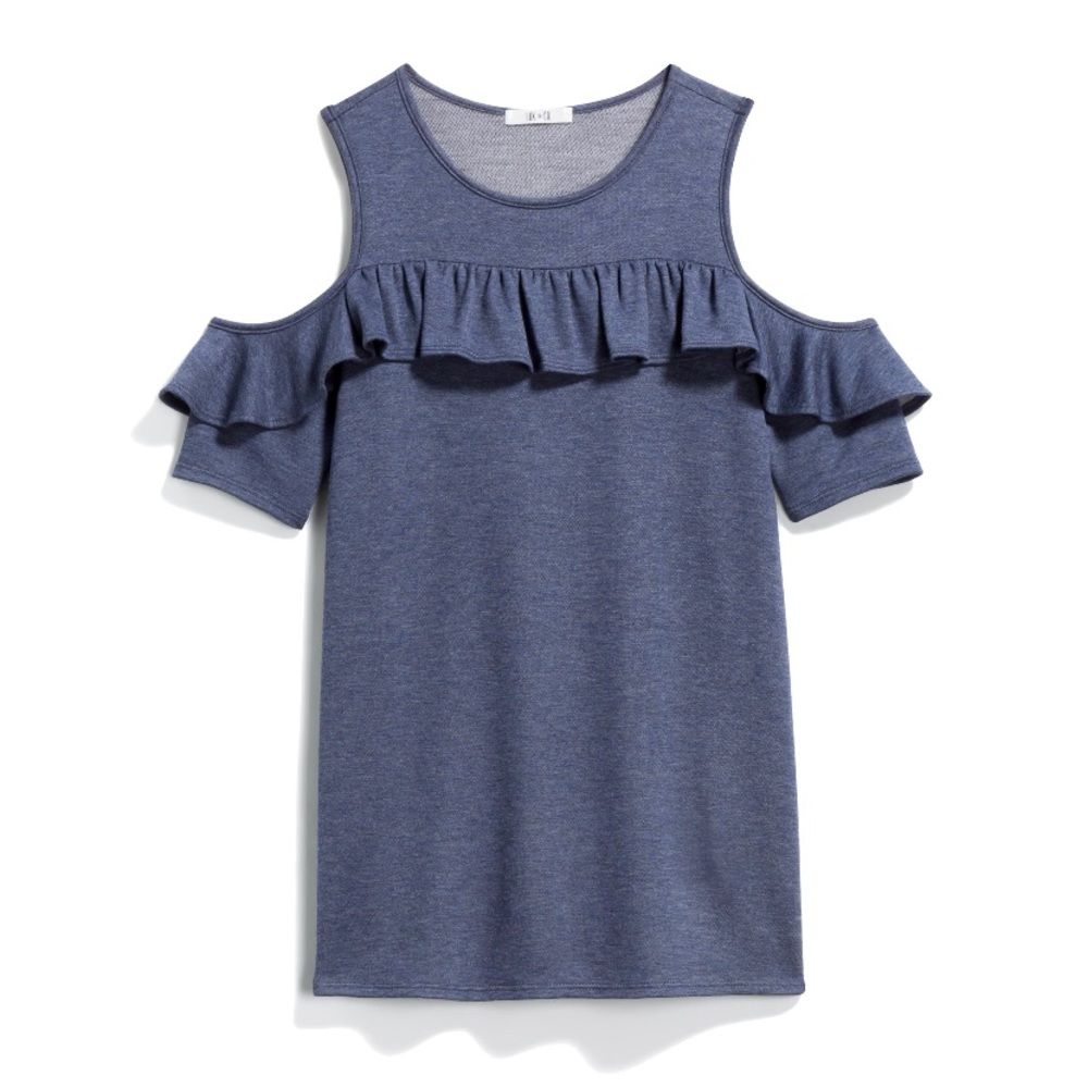 Lux & Co Maternity blouse blue ruffle short sleeve knit top stitchfix shirt
